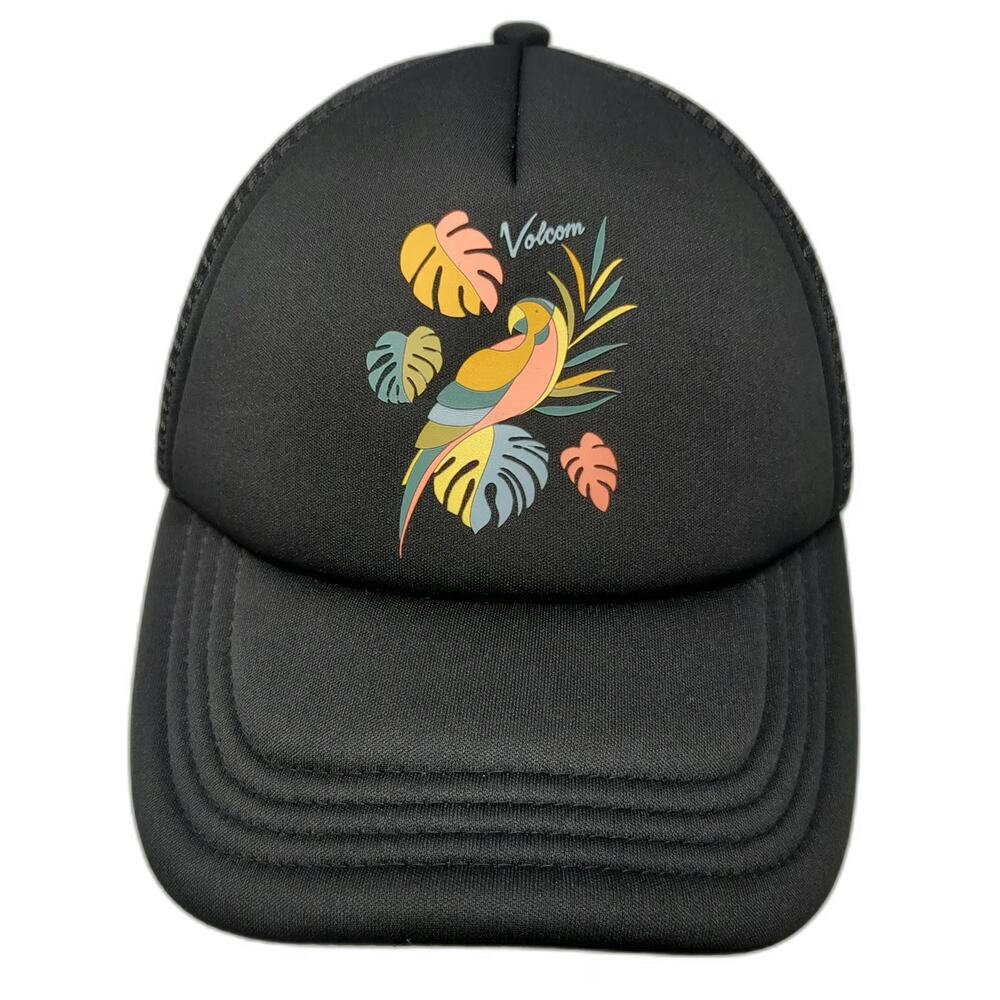 Volcom Trucker Hat Black OSFM Snapback Tropical Parrot Palm Leaf Mesh Back Foam